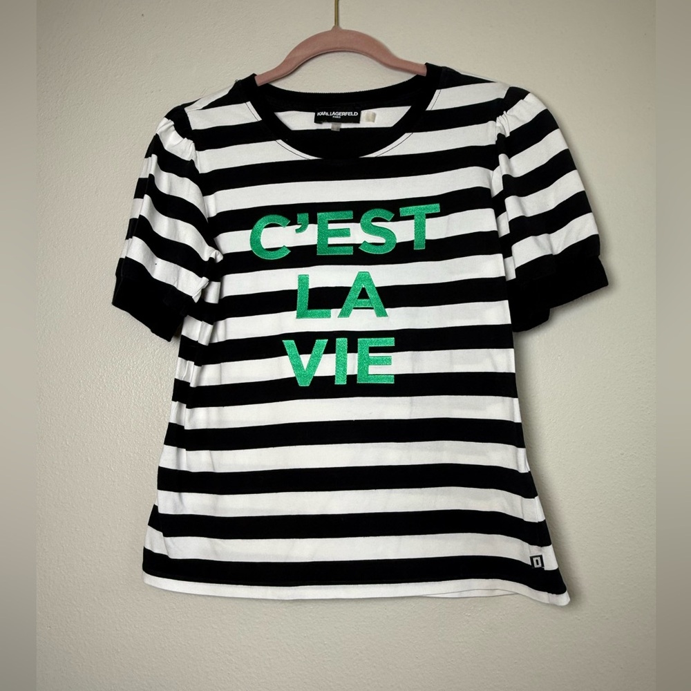 Karl Lagerfeld Black & White Striped Tee with Green Graphic
